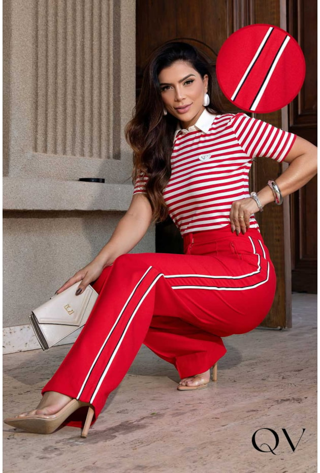 CALÇA EM CREPE COM VIVOS LATERAL VERMELHO - LUZIA FAZZOLLI