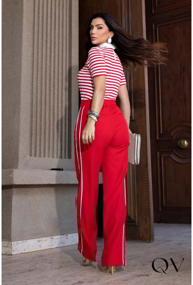 CALÇA EM CREPE COM VIVOS LATERAL VERMELHO - LUZIA FAZZOLLI