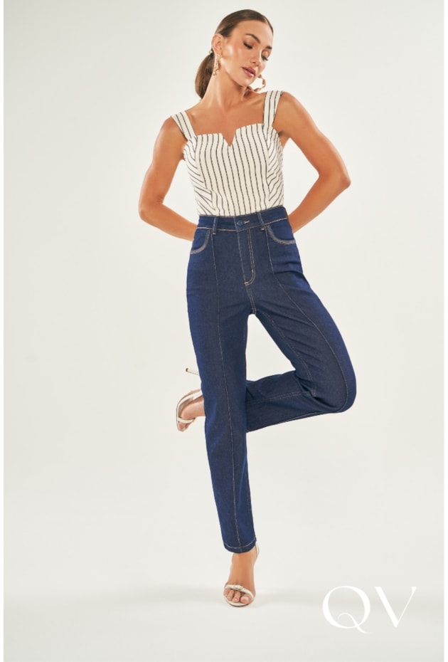 CALÇA EM JEANS COM ELASTANO ESCURO - DOCE TRAMA