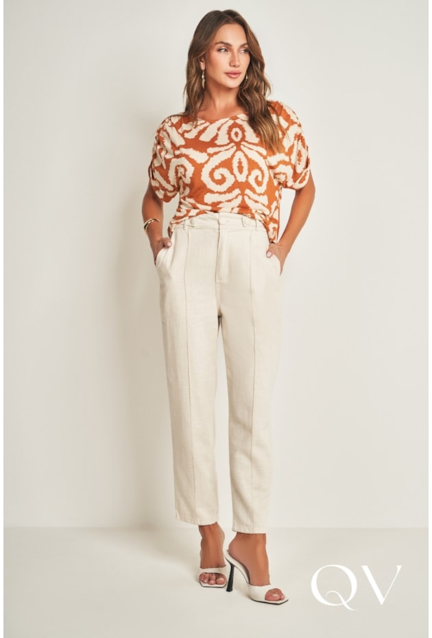 CALÇA EM SARJA LINHO NATURAL - DOCE TRAMA
