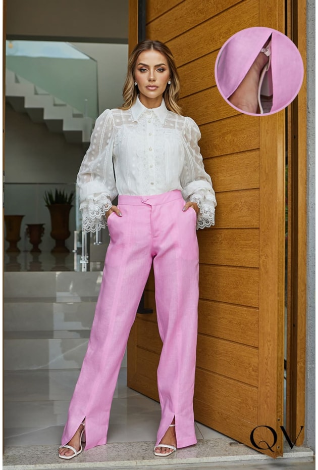 CALÇA LINHO BOLSOS FACA ROSA - DOCE MARIA