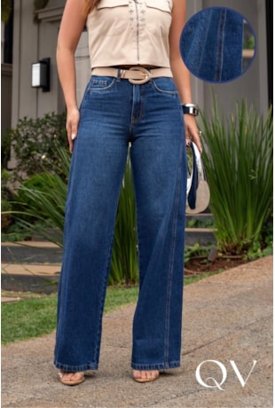 CALÇA RETA COM PREGAS EM JEANS AZUL - LUZIA FAZZOLLI