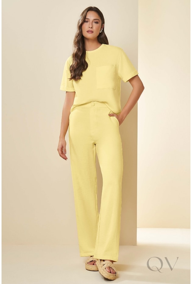 CALÇA RETA EM PLANO MARANT LINEN AMARELO SICILIANO - DOCE TRAMA