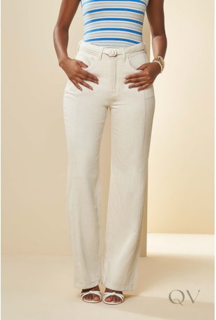 CALÇA RETA PEÔNIA EM SARJA LINHO NATURAL - DOCE TRAMA