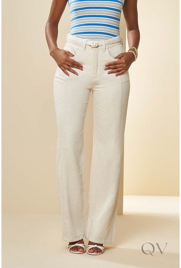 CALÇA RETA PEÔNIA EM SARJA LINHO NATURAL - DOCE TRAMA