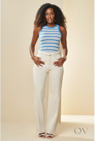 CALÇA RETA PEÔNIA EM SARJA LINHO NATURAL - DOCE TRAMA