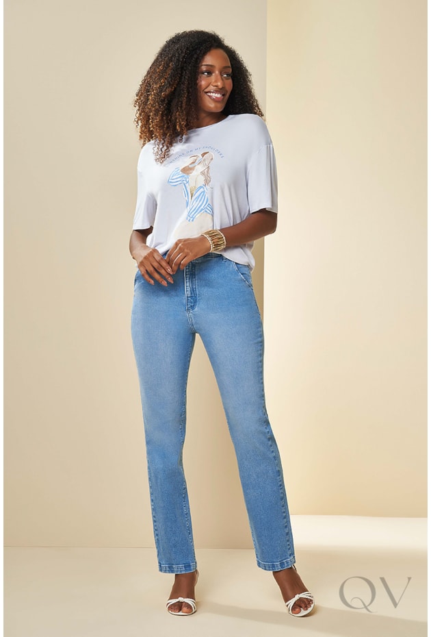 CALÇA RETA SLIM AMARÍLIS EM JEANS COM ELASTANO JEANS CLARO - DOCE TRAMA
