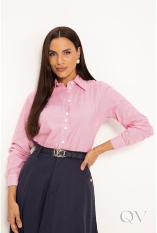 CAMISA ALGODÃO LISTRADA EM TRICOLINE ROSA - LEKAZIS