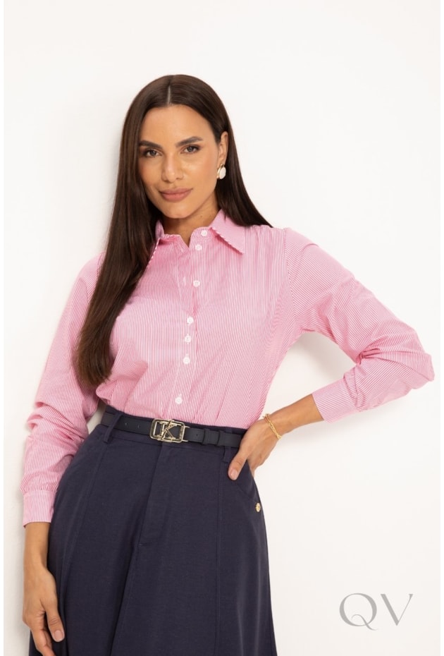 CAMISA ALGODÃO LISTRADA EM TRICOLINE ROSA - LEKAZIS