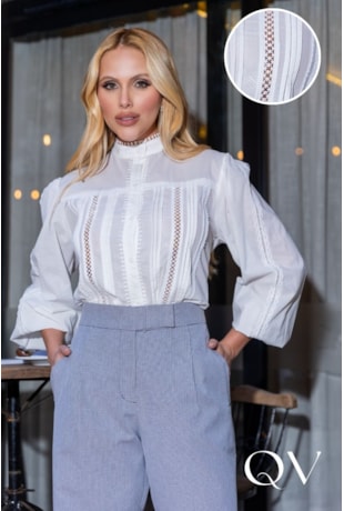CAMISA AMPLA EM VOIL COM ENTREMEIOS OFF WHITE - LUZIA FAZZOLLI
