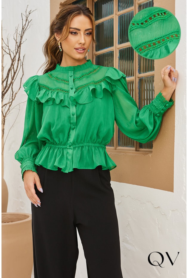 CAMISA CHIFFON COM BABADOS VERDE - DOCE MARIA