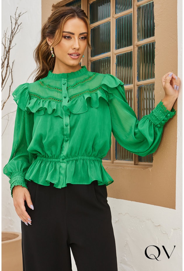 CAMISA CHIFFON COM BABADOS VERDE - DOCE MARIA