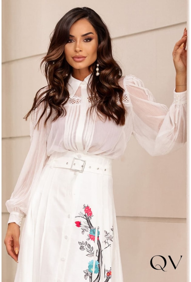 CAMISA CHIFFON COM ENTREMEIOS OFF WHITE - LUZIA FAZZOLLI