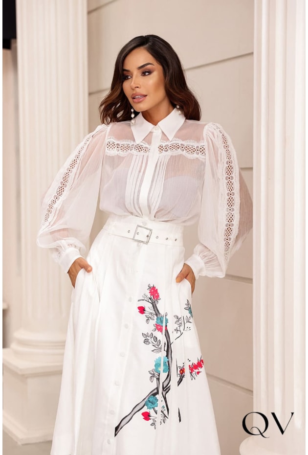 CAMISA CHIFFON COM ENTREMEIOS OFF WHITE - LUZIA FAZZOLLI