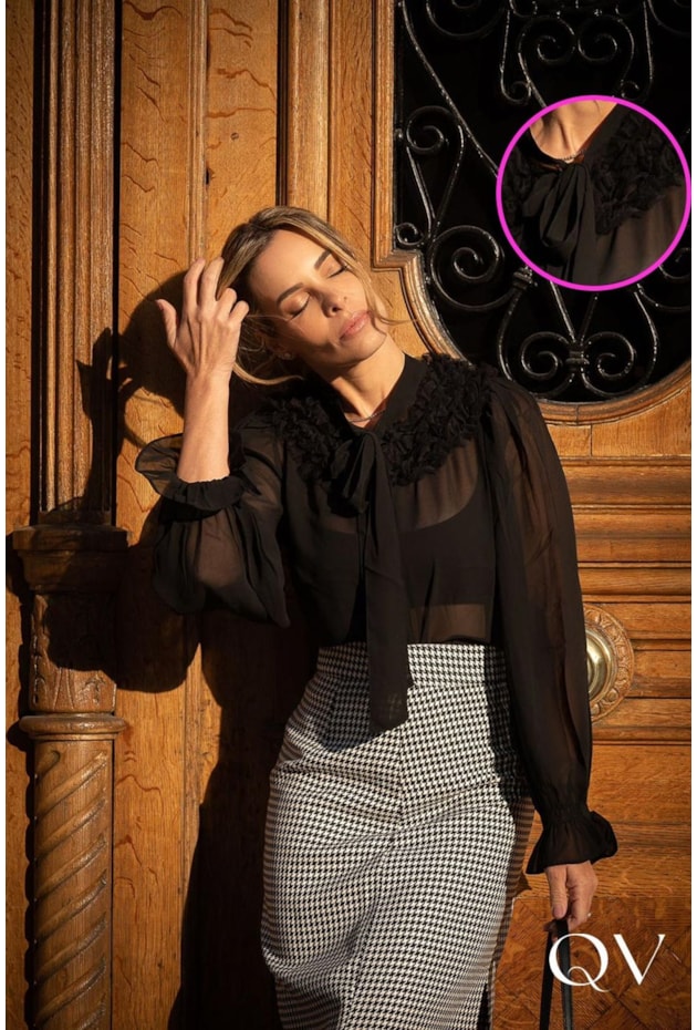 CAMISA CHIFFON COM FRU FRU PRETO - LUZIA FAZZOLLI