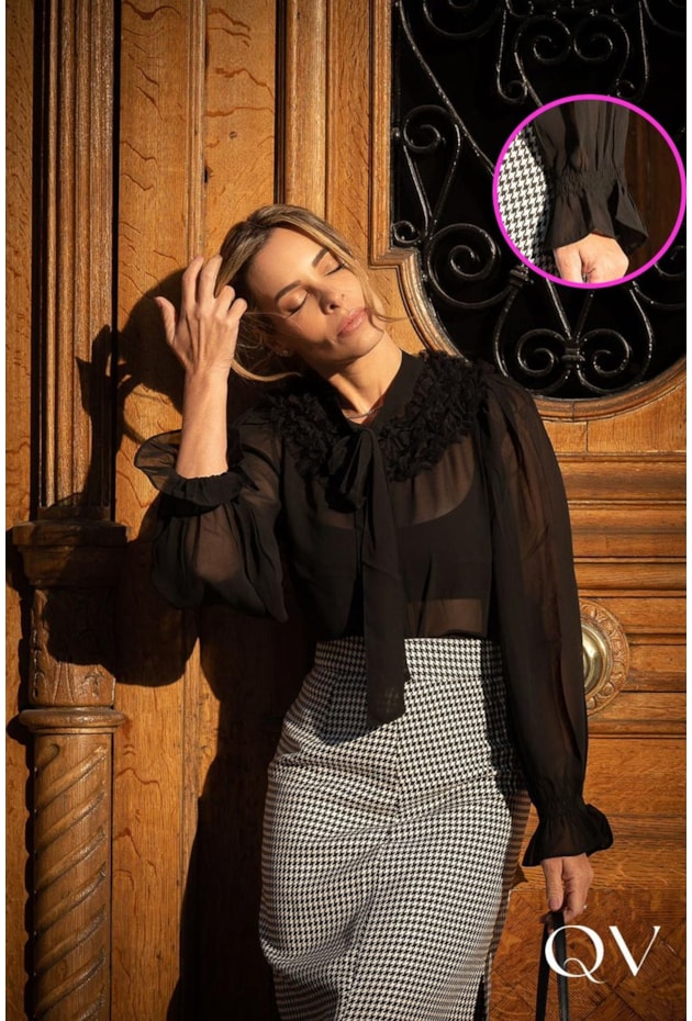 CAMISA CHIFFON COM FRU FRU PRETO - LUZIA FAZZOLLI