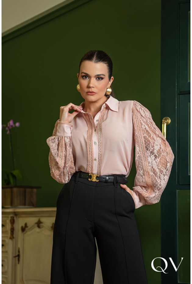 CAMISA CHIFFON COM RENDA E GUIPIR NUDE - LUZIA FAZZOLLI CAMISA CHIFFON COM RENDA E GUIPIR NUDE - LUZIA FAZZOLLI