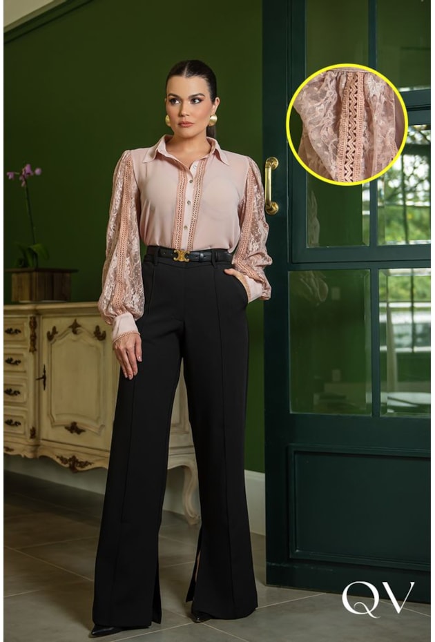 CAMISA CHIFFON COM RENDA E GUIPIR NUDE - LUZIA FAZZOLLI