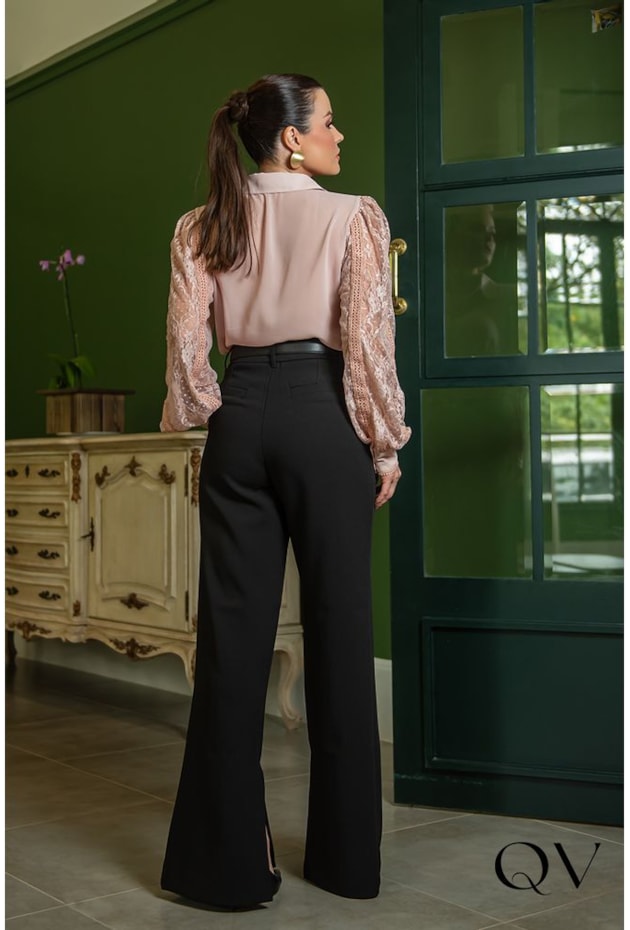 CAMISA CHIFFON COM RENDA E GUIPIR NUDE - LUZIA FAZZOLLI