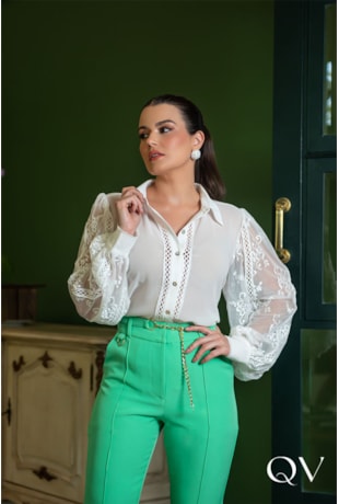 CAMISA CHIFFON COM RENDA E GUIPIR OFF WHITE - LUZIA FAZZOLLI