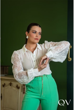 CAMISA CHIFFON COM RENDA E GUIPIR OFF WHITE - LUZIA FAZZOLLI