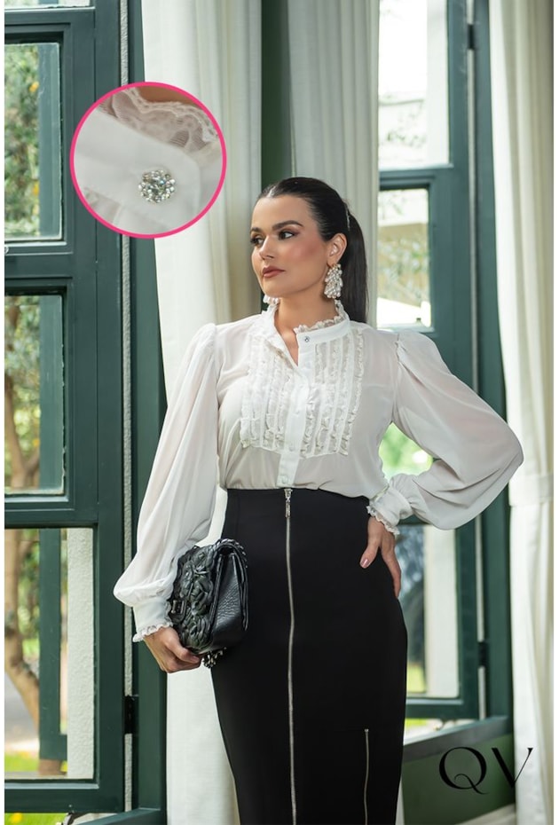 CAMISA CHIFFON COM RENDA OFF WHITE - LUZIA FAZZOLLI