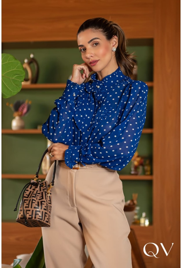 CAMISA CHIFFON CORAÇÃO POÁ AZUL - LUZIA FAZZOLLI