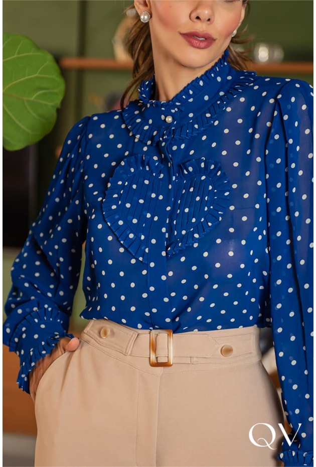 CAMISA CHIFFON CORAÇÃO POÁ AZUL - LUZIA FAZZOLLI