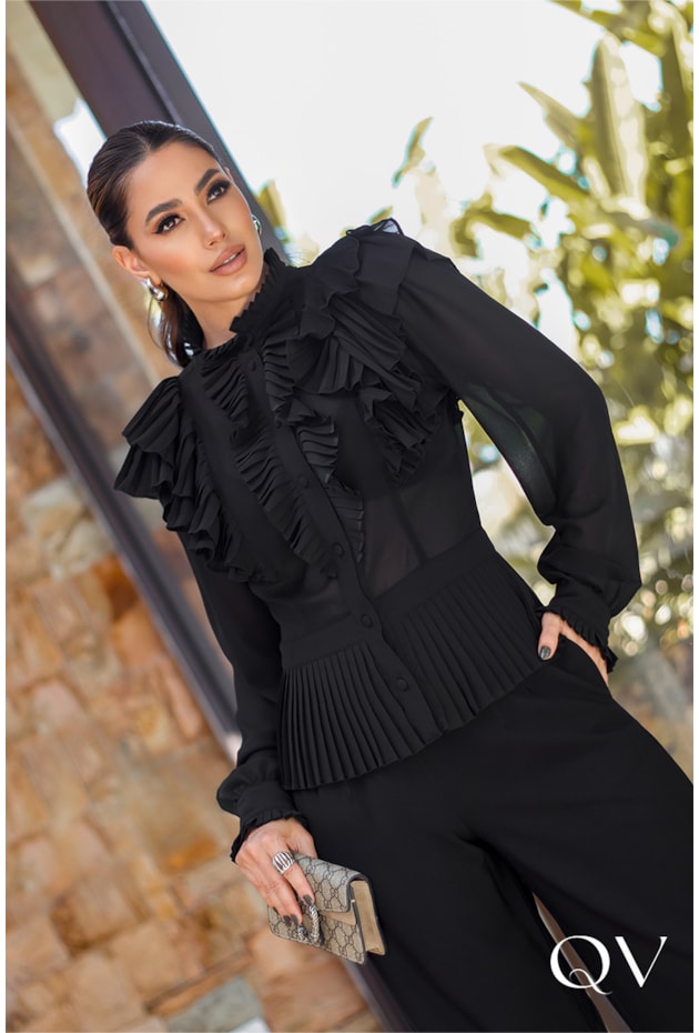 Camisa Chiffon De Peplum Preto Luzia Fazzolli QVestido Moda