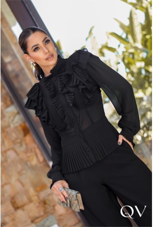 CAMISA CHIFFON DE PEPLUM PRETO - LUZIA FAZZOLLI