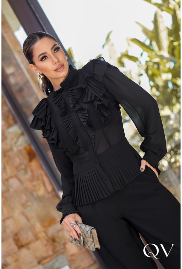 CAMISA CHIFFON DE PEPLUM PRETO - LUZIA FAZZOLLI