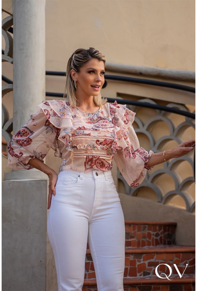 CAMISA CHIFFON ESTAMPA PAISLEY NUDE - LUZIA FAZZOLLI