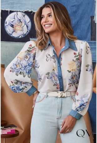 CAMISA CHIFFON ESTAMPADO FLORAL DETALHE JEANS - LUZIA FAZZOLLI