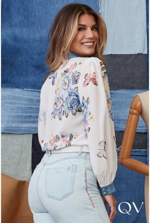 CAMISA CHIFFON ESTAMPADO FLORAL DETALHE JEANS - LUZIA FAZZOLLI