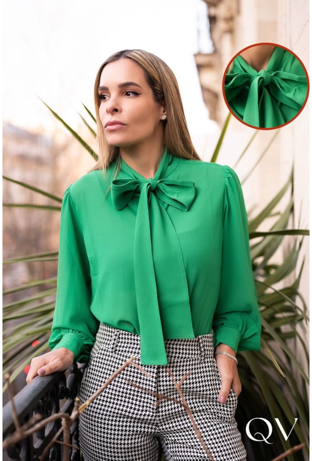 Camisa Chiffon Gola Laço Verde Luzia Fazzolli Moda Executiva
