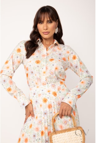 CAMISA CLÁSSICA COM MANGA LONGA EM TOQUE DE SEDA FLORAL - LEKAZIS