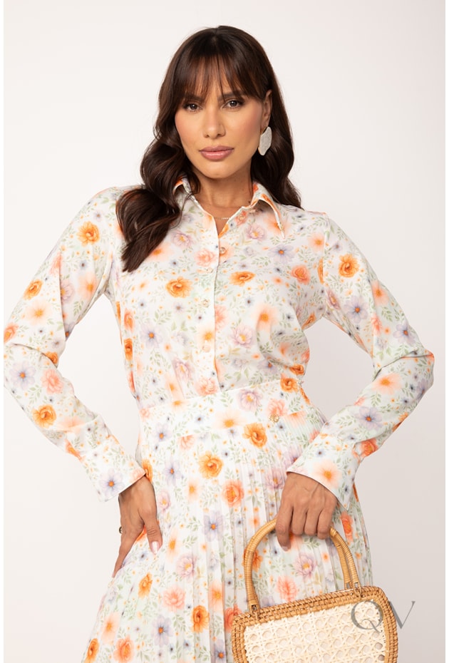 CAMISA CLÁSSICA COM MANGA LONGA EM TOQUE DE SEDA FLORAL - LEKAZIS
