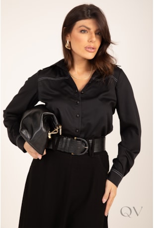 CAMISA CLÁSSICA COM PESPONTOS EM TRICOLINE PRETO - LEKAZIS