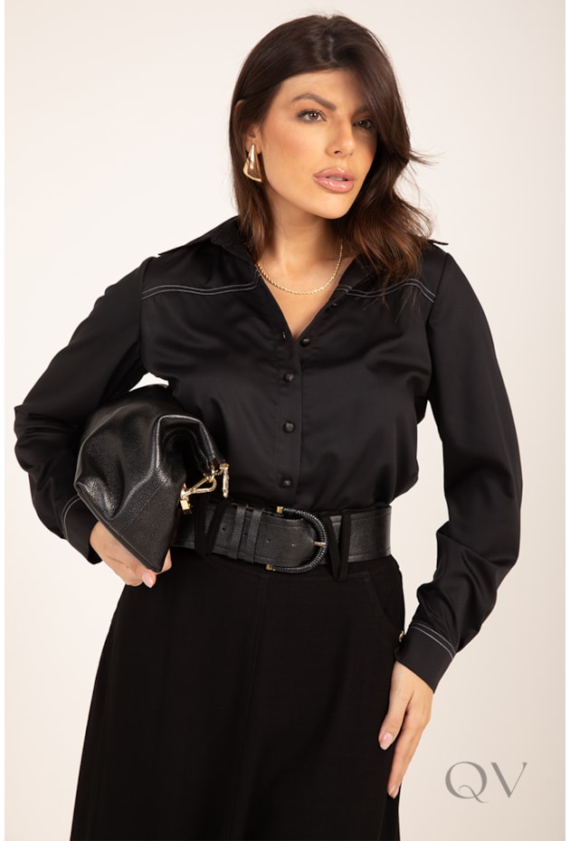CAMISA CLÁSSICA COM PESPONTOS EM TRICOLINE PRETO - LEKAZIS