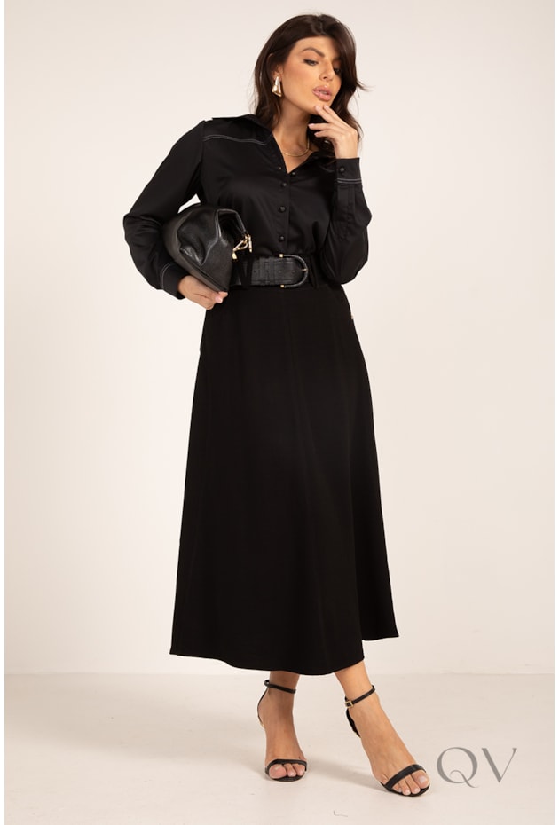 CAMISA CLÁSSICA COM PESPONTOS EM TRICOLINE PRETO - LEKAZIS