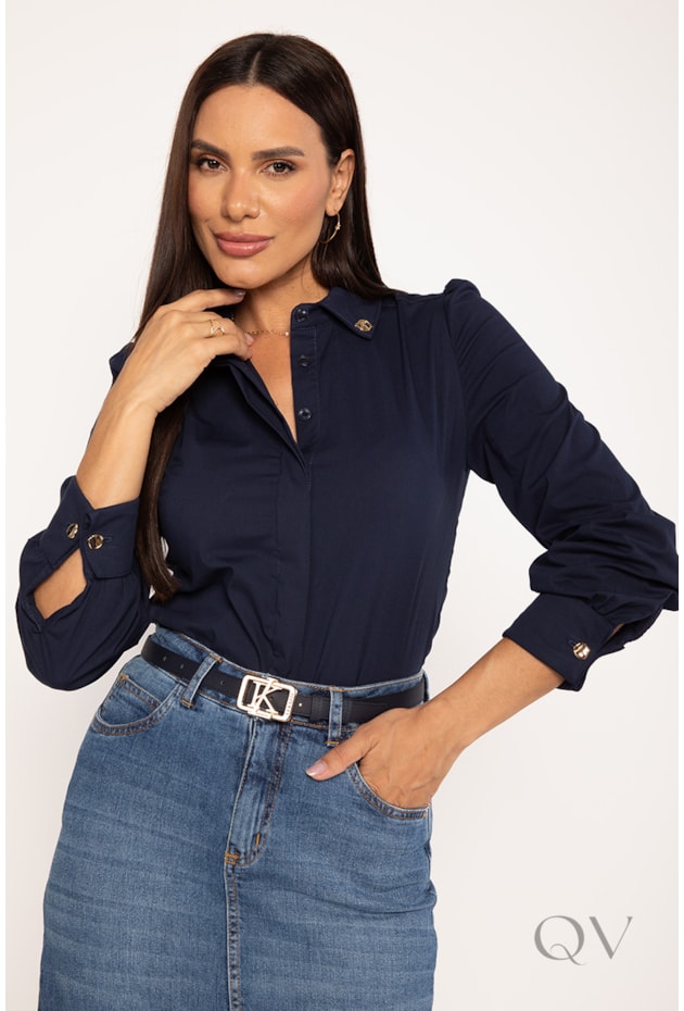 CAMISA CLÁSSICA DE ABOTOADURA EM TRICOLINE AZUL MARINHO - LEKAZIS