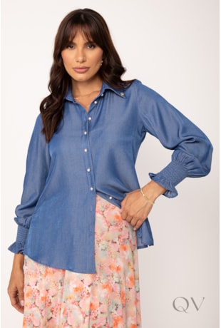 CAMISA CLÁSSICA DE MANGA LONGA EM JEANS AZUL - LEKAZIS