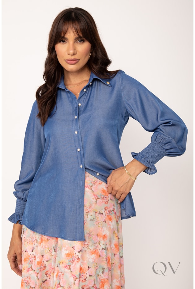 CAMISA CLÁSSICA DE MANGA LONGA EM JEANS AZUL - LEKAZIS