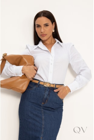 CAMISA CLÁSSICA EM TRICOLINE BRANCA COM LISTRAS AZUL - LEKAZIS