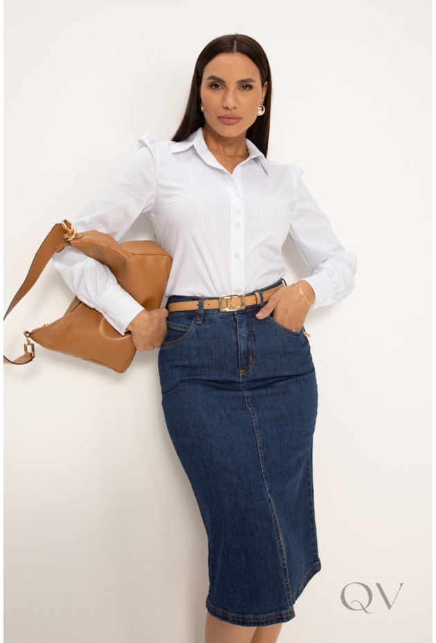 CAMISA CLÁSSICA EM TRICOLINE BRANCA COM LISTRAS AZUL - LEKAZIS