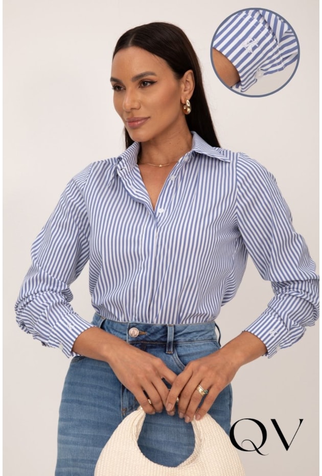 CAMISA CLÁSSICA EM TRICOLINE LISTRADO AZUL COM BORDADO - LEKAZIS