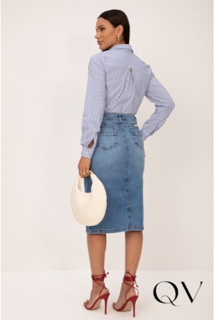 CAMISA CLÁSSICA EM TRICOLINE LISTRADO AZUL COM BORDADO - LEKAZIS