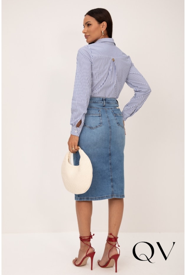 CAMISA CLÁSSICA EM TRICOLINE LISTRADO AZUL COM BORDADO - LEKAZIS