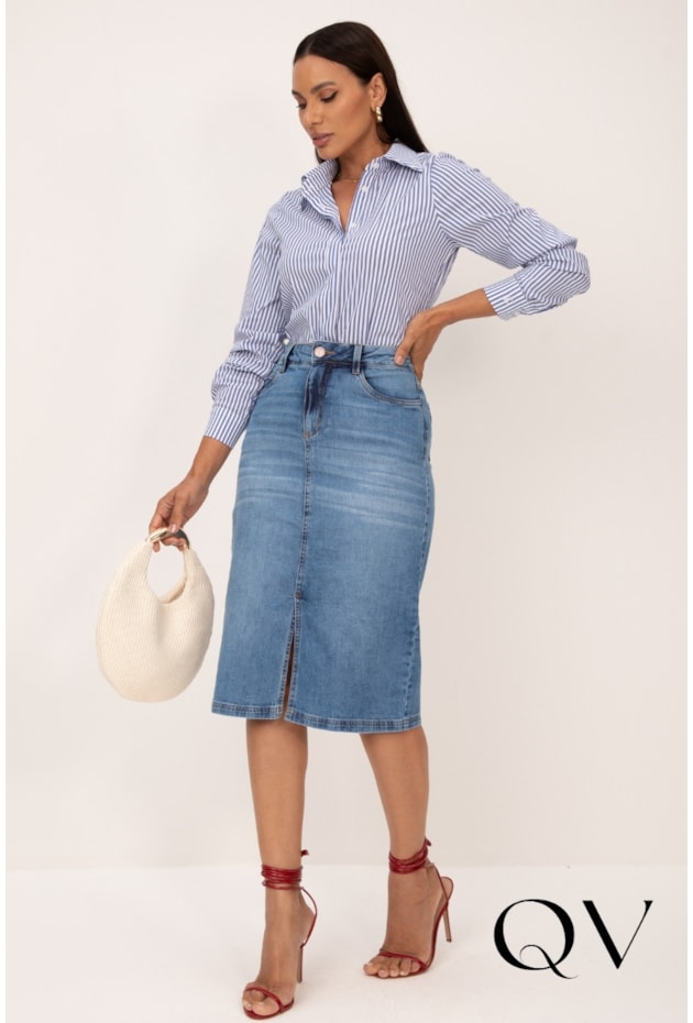 CAMISA CLÁSSICA EM TRICOLINE LISTRADO AZUL COM BORDADO - LEKAZIS