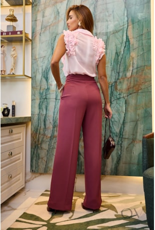 CAMISA COM BABADINHO EM CHIFFON SATIN ROSA - LUZIA FAZZOLLI